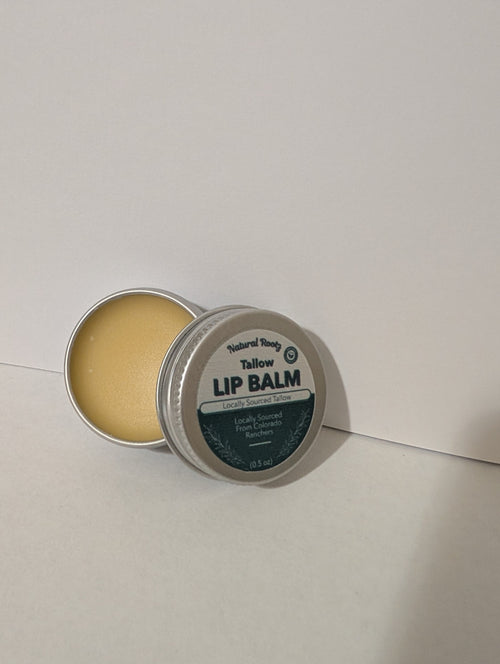 Open tin of Natural Rootz Tallow Lip Balm, 0.5 oz, made with Colorado grass-fed tallow